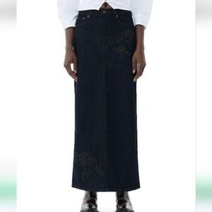 Black Denim Maxi Skirt with Floral Embroidery